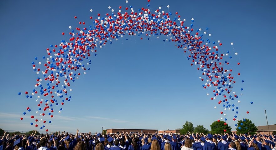 Graduates celebrating as red, white, and blue balloons rise above the crowd